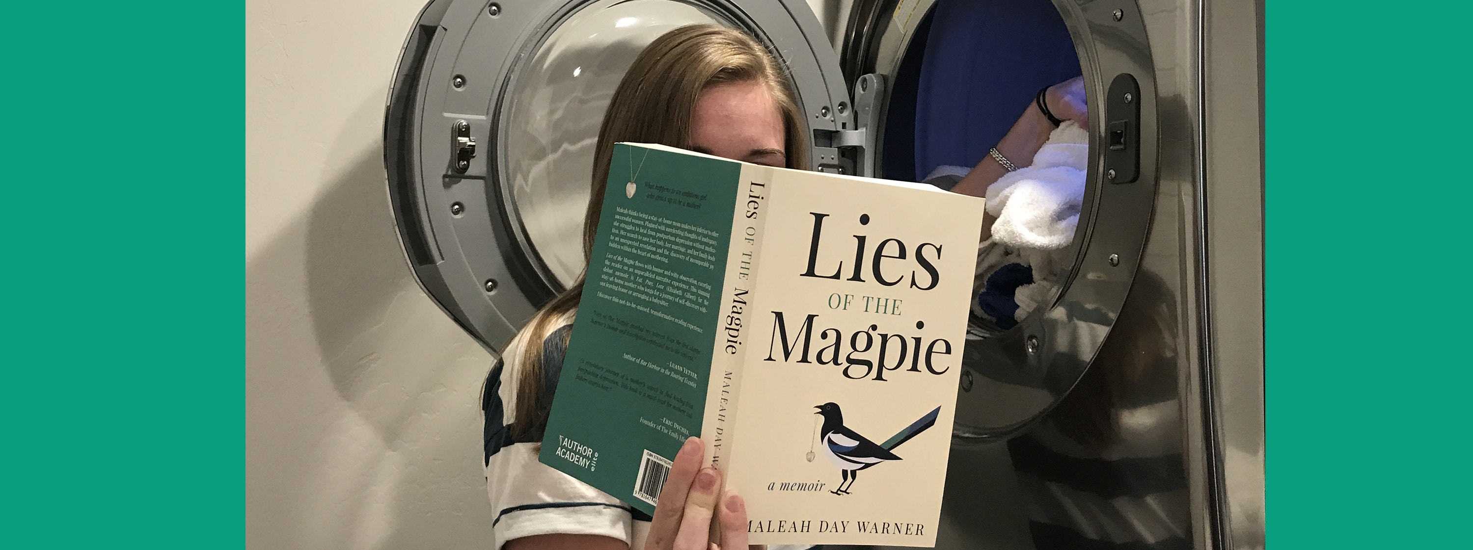 Woman reads Lies of the Magpie while doing laundry